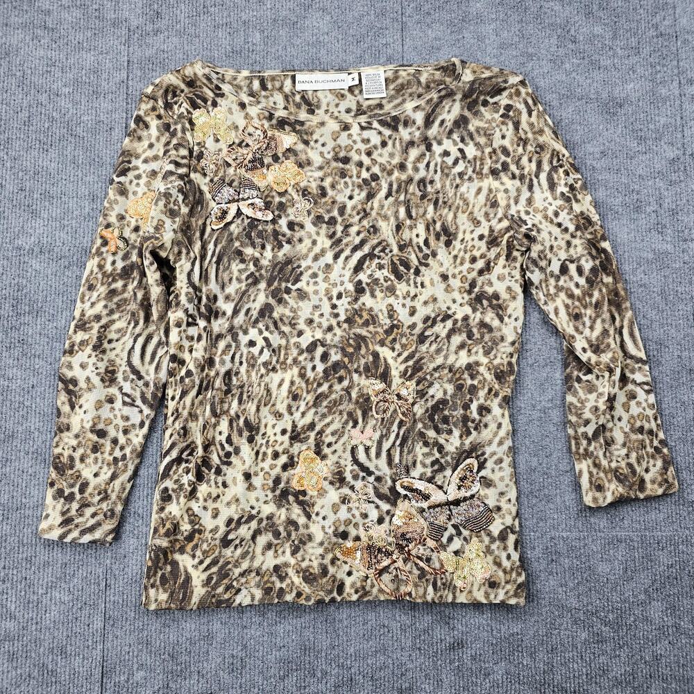 Vintage Dana Buchman Top Womens Medium Sheer Mesh Y2K Butterfly Sequin Animal